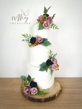 Load image into Gallery viewer, Wedding Cake Flowers - Cake Topper - Dusty Pink and Navy - Burnt Orange Foliage Berries - Christening / Birthday cake decoration
