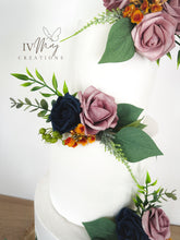 Load image into Gallery viewer, Wedding Cake Flowers - Cake Topper - Dusty Pink and Navy - Burnt Orange Foliage Berries - Christening / Birthday cake decoration
