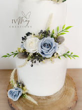 Load image into Gallery viewer, FULL SET Wedding Christening Cake Flower Arrangement Topper &amp; Decorations Roses - Dusty Blue - White - Navy Blue Berry Mix
