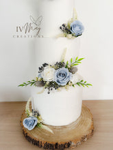 Load image into Gallery viewer, FULL SET Wedding Christening Cake Flower Arrangement Topper &amp; Decorations Roses - Dusty Blue - White - Navy Blue Berry Mix
