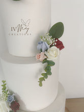 Load image into Gallery viewer, FULL SET Wedding Christening Cake Flower Arrangement Topper &amp; Decorations Roses - Burgundy - Blush Pink - dusty blue
