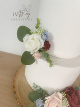 Load image into Gallery viewer, FULL SET Wedding Christening Cake Flower Arrangement Topper &amp; Decorations Roses - Burgundy - Blush Pink - dusty blue
