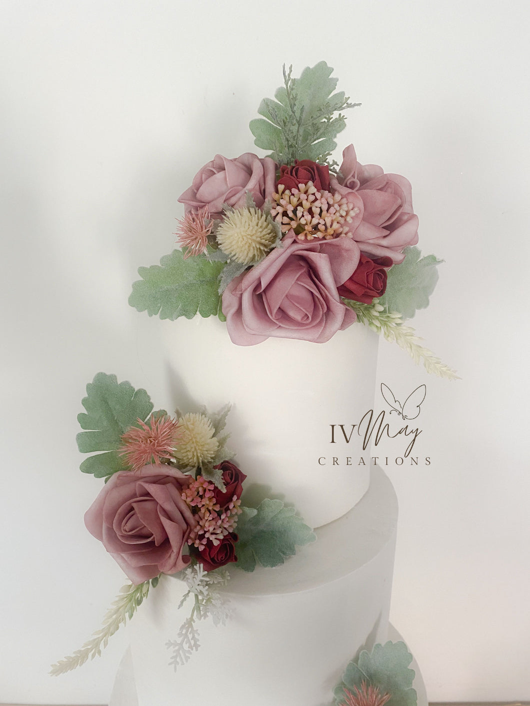 FULL SET Wedding Christening Cake Flower Arrangement Topper & Decorations Roses - Dusty pink - Thistles